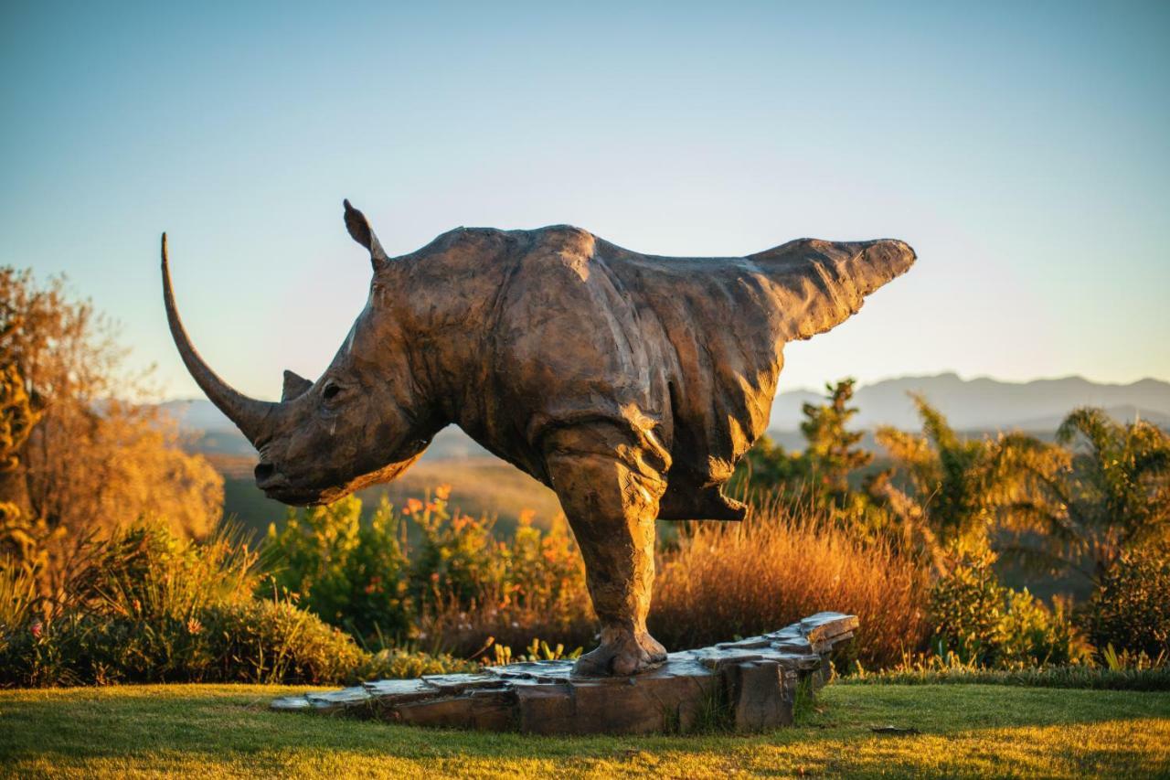 Sky Villa Boutique Hotel By Raw Africa Collection Plettenberg Bay Exteriér fotografie The sculpture of a white rhinoceros at the entrance of the park